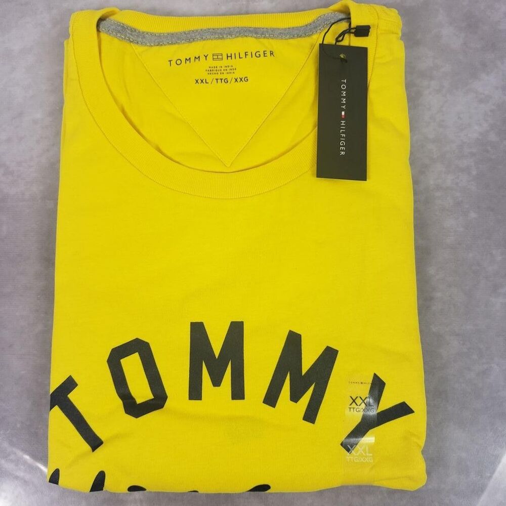 Tommy Hilfiger Shirt Mens 2XL Yellow Est. 1985 Graphic Logo Short Sleeve Tee